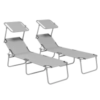 Outsunny Folding Sun Lounger Set of 2 with Canopy, Reclining Sunbed with 4-Position Adjustable Backrest, 600D Oxford Cloth, Portable Garden Lounger Recliner Chair for Beach, Camping, Patio, Light Grey(m-1)