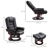 HOMCOM Recliner Chair With footstool, Recliner Armchair up to 130kg Weight Capacity, 135° Reclining Swivel Sofa Chair, PU Leather Ergonomic Couch Bed with Swivel Wood Base for Living Room, Black(m-3)