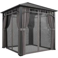 Outsunny 2.5 x 2.5 m Hardtop Gazebo with Galvanised Steel Roof, Waterproof Permanent Pavilion Garden Gazebo with Netting and Curtains for Patio, Deck, Dark Grey(m-1)