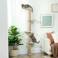 PawHut Wall Mounted Cat Shelves, Cat Climbing Wall with 4 Climbing Platforms, Jute Scratching Post and Toy Ball,180cm Tall, Light Grey(m-2)