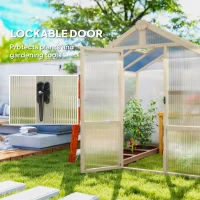 Outsunny 6.6 x 6ft Polycarbonate Greenhouse, Walk-in Wooden Greenhouse with Lockable Door and Window, Garden Plants Grow House, Brown(m-7)