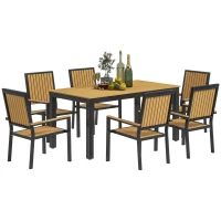 Outsunny 6 Seater Garden Dining Set with Stackable Chairs, Aluminium Frame, Rectangular Plastic Top, Garden Furniture Set, Outdoor Dining Table and Chairs for Patio, Balcony, Poolside, Nature Wood(m-10)