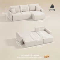 HOMCOM Canapea extensibilă cu chaise-longue reversibilă, canapea 3 locuri în formă L din velur sintetic, alb crem(m-3)