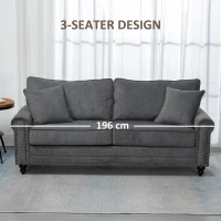 HOMCOM 196cm 3 Seater Sofa, Fabric Sofa with Rubber Wood Legs, Nailhead Trim, 2 Pillows, Small Upholstered Couch Settee for Living Room, Guest Room, Grey(m-6)