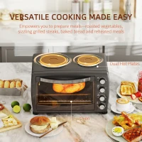 HOMCOM 36L Small Oven with 2 Hot Plates, Countertop Toaster Oven, Grill, Roast, Bake, Boil, with Timer, Adjustable Temperature, Electric Oven with Baking Tray, Grill Rack, Crumb Tray, 2600W, Black(m-4)