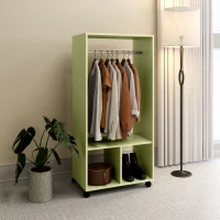 HOMCOM Open Wardrobe on Wheels, Bedroom Wardrobe with Clothes Hanging Rail, 2 Storage Shelves, Mobile Garment Rack for Cloakroom, Hallway, Green(m-8)