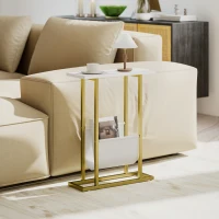 HOMCOM Narrow Side Table, End Table with Magazine Holder, Nightstand for Small Spaces, Living Room, Bedroom, White Marble Grain(m-2)