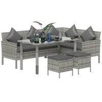 Outsunny tsunny 6-Seater Rattan Dining Set Sofa Table Footstool Outdoor w/ Cushion Garden Furniture, Dark Grey(m-10)