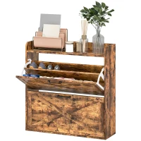 HOMCOM Two Flip Drawer Narrow Shoe Cabinet with Adjustable Shelves - Rustic Brown(m-11)