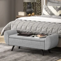 HOMCOM Storage Ottoman with Armrest, Upholstered Linen Storage Bench, Window Seat with Rubberwood Legs, Footstool for Bedroom Living Room, Hallway, Dark Grey(m-2)