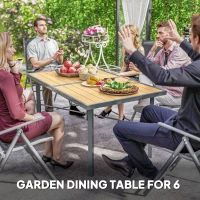 Outsunny Garden Table for 6, 150 cm Rectangular Outdoor Dining Table with 5 cm Umbrella Hole, Wood Effect Top, Rust Resistant Frame, for Patio, Balcony, Terrace, Natural Wood Finish(m-5)
