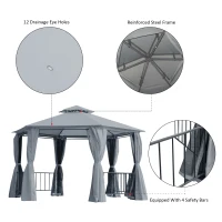 Outsunny 3 x 3(m) Hexagon Gazebo Patio Canopy Party Tent Outdoor Garden Shelter w/ 2 Tier Roof & Side Panel - Grey(m-5)