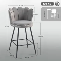 HOMCOM Set of Two Velvet-Feel Lotus Bar Stools - Grey(m-3)