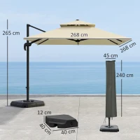 Outsunny 2.7 x 2.7 m Cantilever Parasol with Aluminium Frame, Crank and Tilt, 360-Degree Rotation, Double Top Garden Umbrella with Base and Cover, Khaki(m-3)