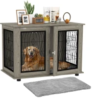 PawHut Indoor Dog Crate Furniture End Table with Soft Washable Cushion, Lockable Front Door, for Extra Large Dogs - Grey(m-10)