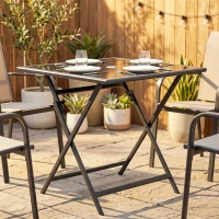 Outsunny Folding Outdoor Dining Table, Square Garden Table Tempered Glass Top with Parasol Hole Garden Patio, 70 x 70 x 70 cm(m-2)