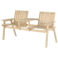 Outsunny 2-Seater Garden Loveseat with Table and Parasol Hole for Porch, Patio, Natural Wood Finish(m-11)