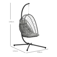 Outsunny Outdoor PE Rattan Swing Chair with Foldable Basket and Cushion, Garden Patio Hanging Egg Chair with Metal Stand, Headrest for Indoor and Outdoor, Light Grey(m-3)