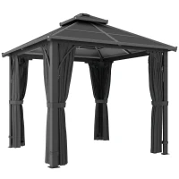 Outsunny 2.5 x 2.5 m Hardtop Gazebo Canopy with 7mm PC Roof, Garden Gazebo Permanent Pavilion with Netting, Curtains, Dark Grey(m-1)
