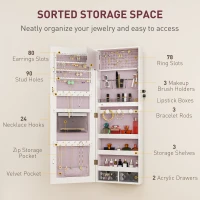 HOMCOM 108 x 37cm Lockable Jewellery Cabinet, with LED Lights - White Surface and Pink Lining(m-6)
