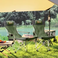 Outsunny Set of 2 Reclining Folding Camping Chair w/ Detachable Footrest, Storage Bag, Cup Holder & Headrest, Lightweight Portable Camp Chair for Beach, Picnic, Olive Green and Grey(m-7)