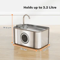 PawHut 3.2L Cat Water Fountain for Drinking, Cat Fountain Stainless Steel with Visible Water-Level Window, Ultra-Silent Pump(m-3)