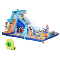 Outsunny 6 in 1 Shark-Themed Bouncy Castle, Inflatable Water Park, with Slide, Pool, Trampoline, Blower, for Ages 3-8 Years(m-10)