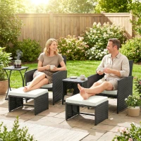 Outsunny 6 Piece Rattan Garden Furniture, Space-Saving Patio Furniture Set with Nesting Tables, Chairs, Stools, Cushions, Black(m-9)