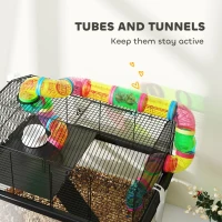 PawHut Two-Tier Hamster Cage with 31cm Deep Tray, Tube System, Water Bottle, Ramp, Feeding Bowl, Multicoloured(m-6)