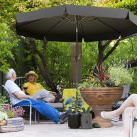 Outsunny 2.7m Patio Parasol Garden Umbrellas with Aluminium Pole, UPF 50+ Outdoor Sun Shade Table Umbrella with Tilt, Crank, 8 Ribs, Ruffles,, Black(m-2)