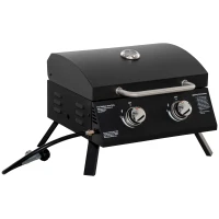 Outsunny 2 Burner Gas BBQ Grill Outdoor Portable Folding Tabletop Barbecue w/ Lid, Thermometer, Carbon Steel, Black(m-1)