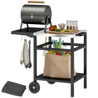 Outsunny BBQ Trolley with Stainless Steel Top and Foldable Side Table, Outdoor Kitchen Barbecue Station with Hooks and Shelf, Pizza Oven Table Movable Outdoor Grill Dining Cart with Cover, Black(m-10)