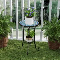 Outsunny Mosaic Garden Table, 35.5 cm Round Outdoor Table with Shelf, Ceramic Tile Top, Small Garden Side Table Bistro Table End Table Plant Stand for Indoor, Patio, Balcony, Blue(m-9)