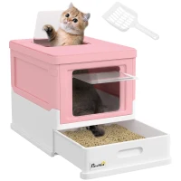 PawHut Hooded Cat Litter Box, Portable Pet Toilet, with Scoop, Front Entry - Pink(m-10)
