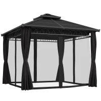 Outsunny 3 x 3 (m) Outdoor Polycarbonate Gazebo, Double Roof Hard Top Gazebo with Galvanised Steel Frame, Nettings & Curtains for Garden, Lawn, Patio and Deck, Dark Grey(m-10)