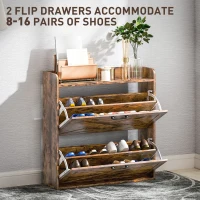 HOMCOM Two Flip Drawer Narrow Shoe Cabinet with Adjustable Shelves - Rustic Brown(m-4)