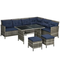 Outsunny 7-Seater Patio wicker Sofa Set Rattan Chair Furniture w/ Glass & Cushioned, Dark Blue(m-1)