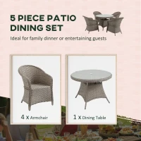 Outsunny 4 Seater Rattan Garden Furniture Set with Cushions, Round PE Rattan Dining Set with Glass-Top Table, Umbrella Hole, Outdoor Garden Table and Chairs, Mixed Grey(m-4)