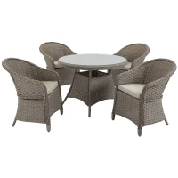 Outsunny 4 Seater Rattan Garden Furniture Set with Cushions, Round PE Rattan Dining Set with Glass-Top Table, Umbrella Hole, Outdoor Garden Table and Chairs, Mixed Grey(m-11)