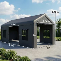 Outsunny 3 x 6 m Heavy Duty Carport, Portable Garage Car Canopy Tent with Galvanised Frame, Doors, Windows, Dark Grey(m-3)
