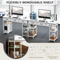 HOMCOM 120cm Computer Desk with Power Outlets, Office Desk Study Table with 3 Fabric Drawers and 4 Storage Shelves, White(m-6)