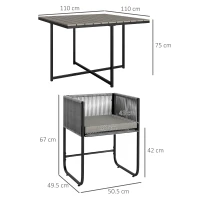 Outsunny 4 Seater Rattan Cube Garden Furniture Set, Rattan Dining Set with Cushions, Outdoor Dining Table and Chairs with Rectangular Wood Grain Plastic Top Table for Patio, Balcony, Grey(m-3)
