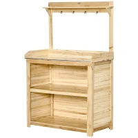 Outsunny Garden Potting Bench Table, Wooden Workstation Bench w/ Galvanized Metal Tabletop, Storage Shelves and Hooks, Natural(m-11)