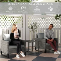 Outsunny 3 Pieces Rattan Bistro Set with 4 Cushions, Wicker Garden Furniture Set, Glass Top Coffee Table and Chairs for Outdoor Patio, Balcony, Terrace and Conservatory, Grey(m-4)