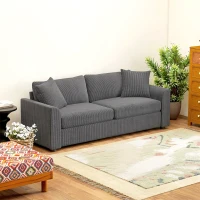 HOMCOM Modern 3 Seater Sofa with Spring Cushion, 212 cm Fabric Jumbo Cord Sofa Couch with 2 Scatter Cushions, Upholstered Corduroy Settee for Living Room, Bedroom, Home Office, Grey(m-10)