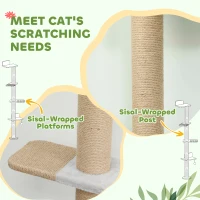 PawHut Wall Mounted Cat Shelves, Cat Climbing Wall with 4 Climbing Platforms, Jute Scratching Post and Toy Ball,180cm Tall, Light Grey(m-6)