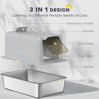 PawHut Stainless Steel Cat Litter Box with Removable Lid, Scoop, Filter Bags, for Larger Cats, Grey(m-6)