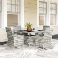 Outsunny Rattan Garden Furniture Set, Outdoor Dining Table and Chairs 4 Seater with Cushions, Square Tempered Glass Top, 4 Armchairs, for Balcony, Terrace, Conservatory, Mixed-Grey(m-2)