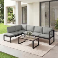 Outsunny 4 Piece Garden Furniture Set, Garden Sofa Set with 2 Loveseats, Armless Chair, Coffee Table for Balcony, Dark Grey(m-9)