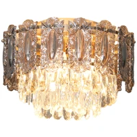 HOMCOM Chandelier Ceiling Light, 3-Light Flush Mount Fixture with Dual Crystal and Smoke Glass Shade, 40 cm LED Ceiling Light for Living Room Bedroom, 3 E14 Sockets, Bulbs Not Included, Gold Tone(m-10)